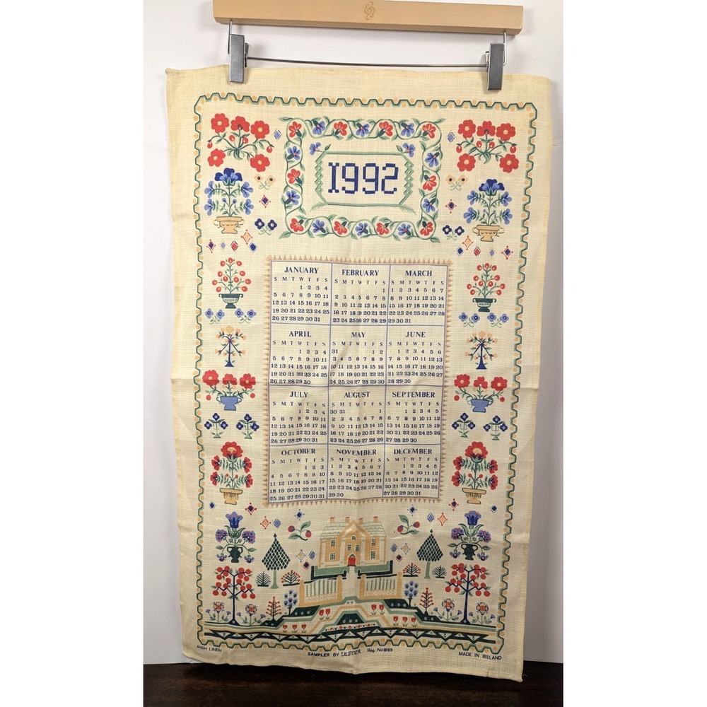 Vintage 1992 Irish Linen Calendar Tea Towel Ulster Sampler Floral Made in Irelan